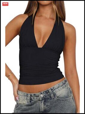 Sexy Backless Tie Up Halter Crop Top Deep V Neck Going Out Top